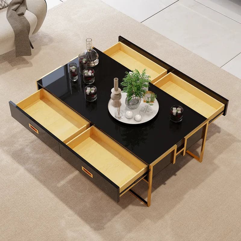 Contemporary Black Rectangular Coffee Table with Drawers Lacquer Gold Base#Black