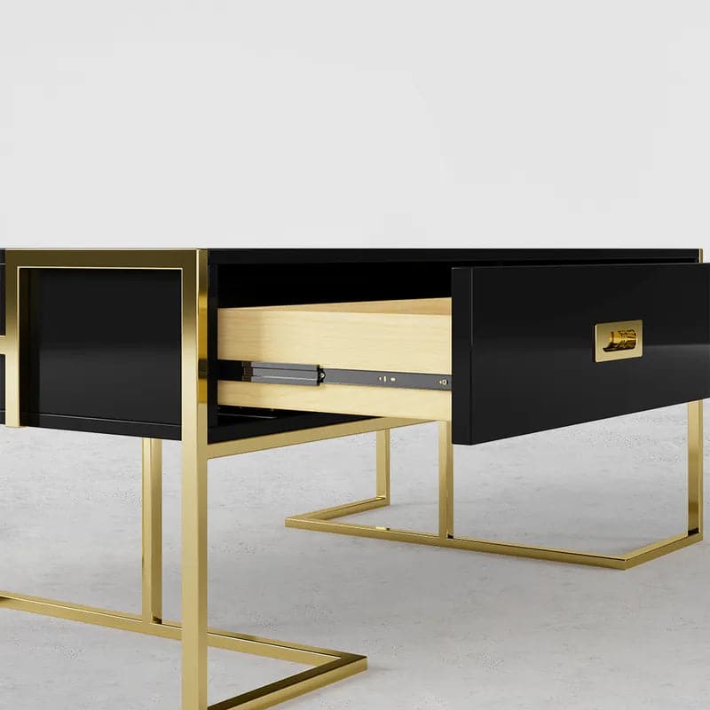 Contemporary Black Rectangular Coffee Table with Drawers Lacquer Gold Base#Black