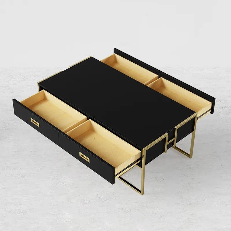 Contemporary Black Rectangular Coffee Table with Drawers Lacquer Gold Base#Black