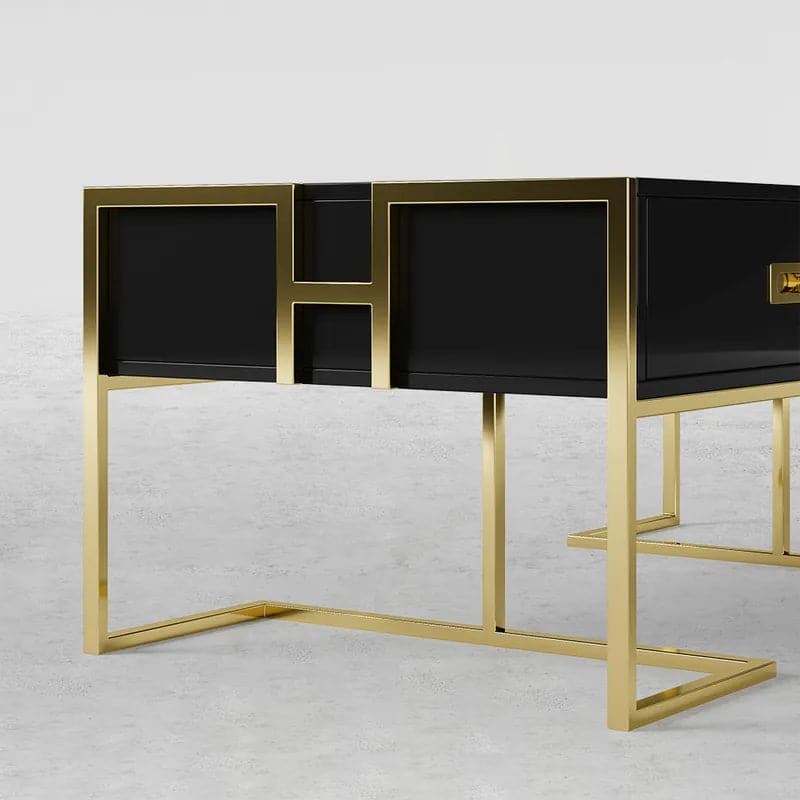 Contemporary Black Rectangular Coffee Table with Drawers Lacquer Gold Base#Black