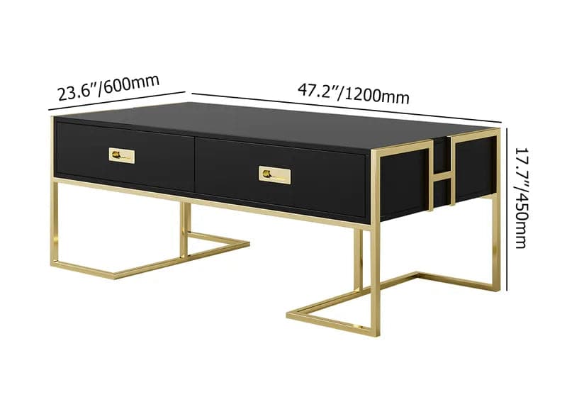 Contemporary Black Rectangular Coffee Table with Drawers Lacquer Gold Base#Black