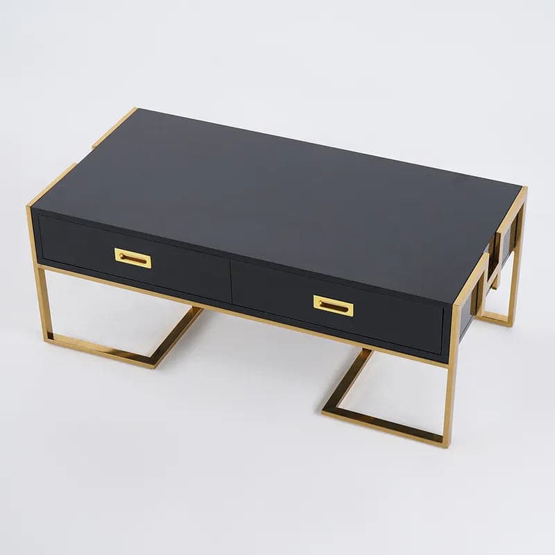 Contemporary Black Rectangular Coffee Table with Drawers Lacquer Gold Base#Black