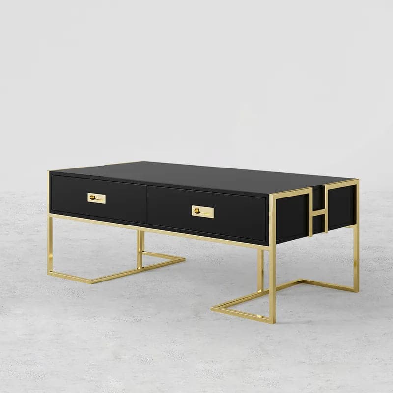 Contemporary Black Rectangular Coffee Table with Drawers Lacquer Gold Base#Black