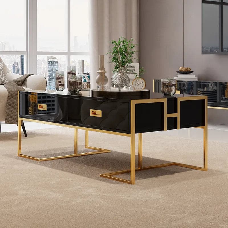 Contemporary Black Rectangular Coffee Table with Drawers Lacquer Gold Base#Black