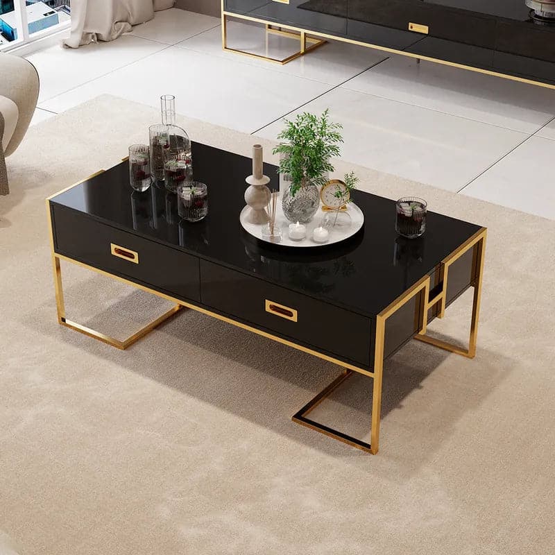 Contemporary Black Rectangular Coffee Table with Drawers Lacquer Gold Base#Black