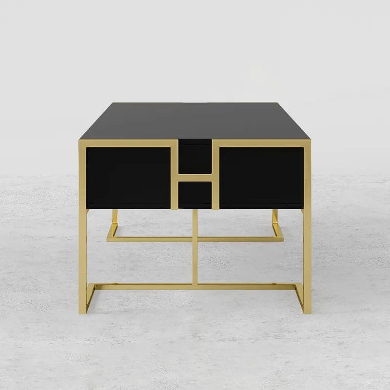 Contemporary Black Rectangular Coffee Table with Drawers Lacquer Gold Base#Black