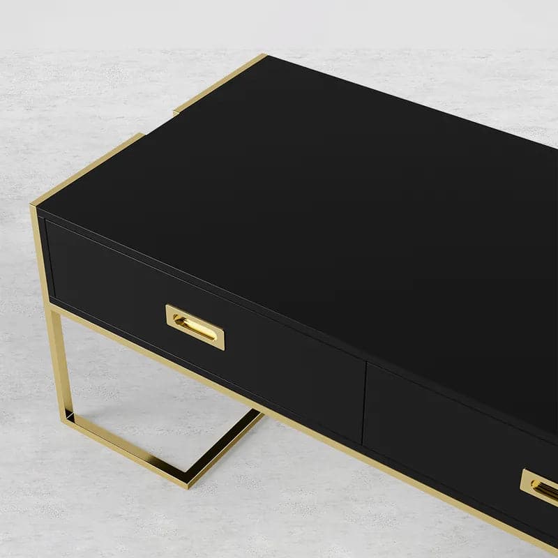 Contemporary Black Rectangular Coffee Table with Drawers Lacquer Gold Base#Black