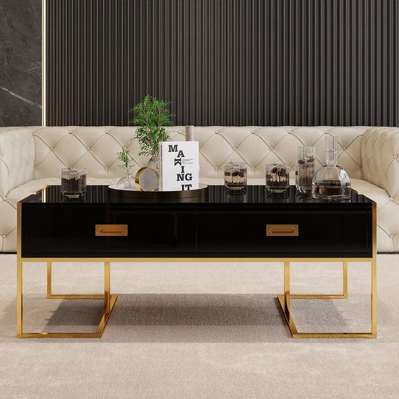 Contemporary Black Rectangular Coffee Table with Drawers Lacquer Gold Base#Black