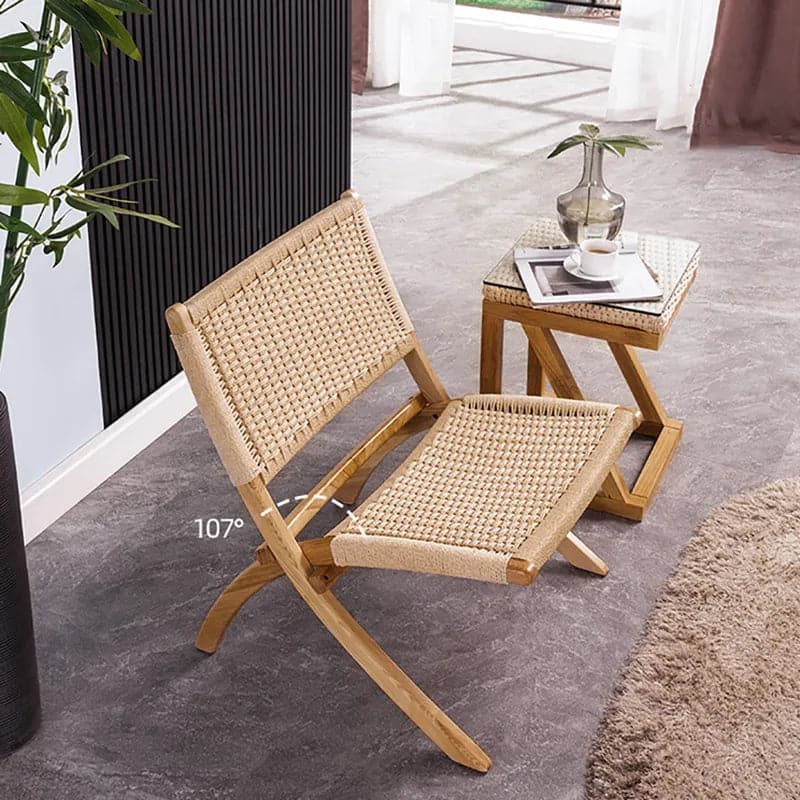 Japandi Fauteuil inclinable pliant en bois de frêne tressé avec dossier et siège en corde de chanvre naturel