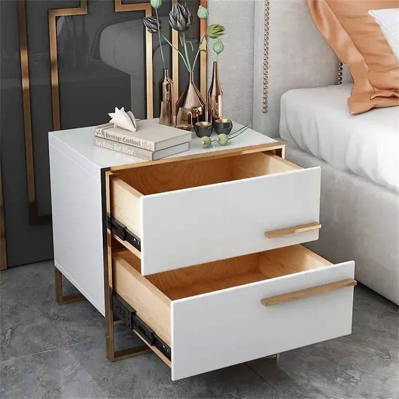 2-Drawer White Nightstand Minimalist Design in Gold