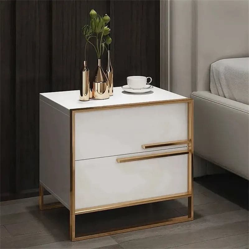 2-Drawer White Nightstand Minimalist Design in Gold