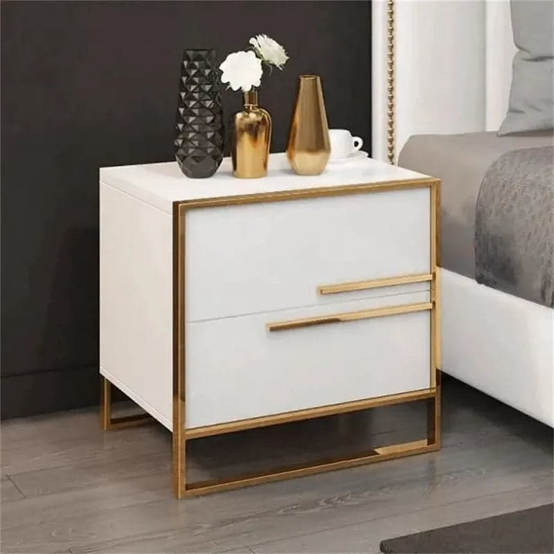 2-Drawer White Nightstand Minimalist Design in Gold