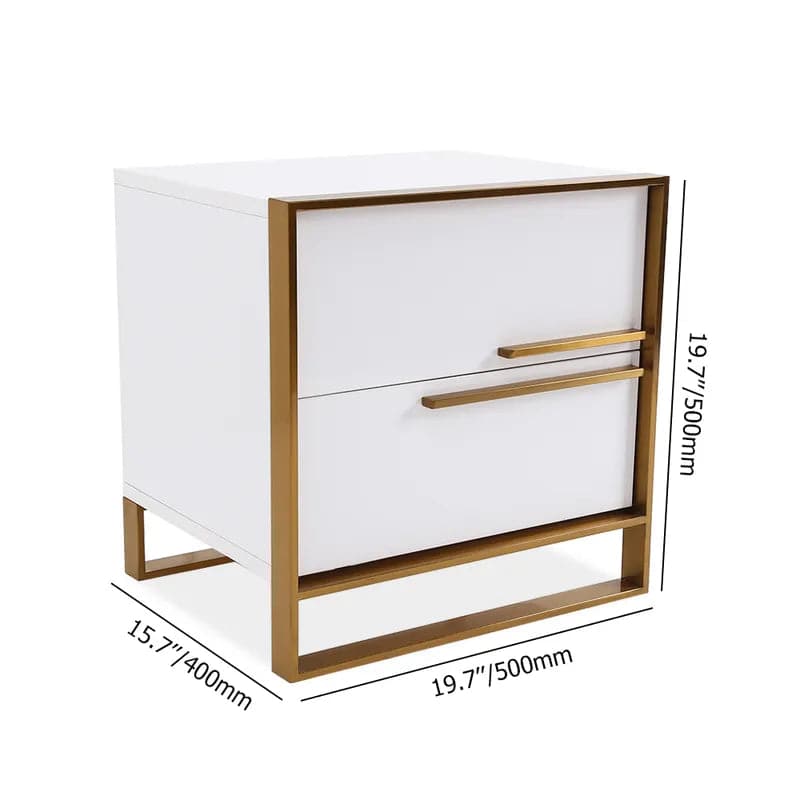 2-Drawer White Nightstand Minimalist Design in Gold