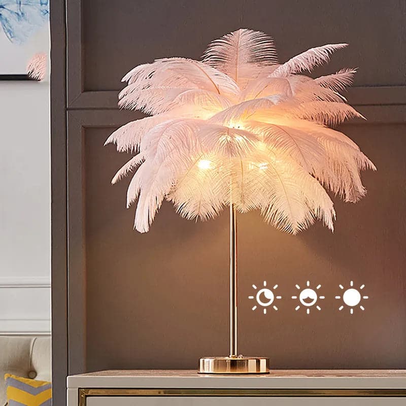 Modern Gold Portable Table Lamp with White Feather, USB Charging & Dimmable