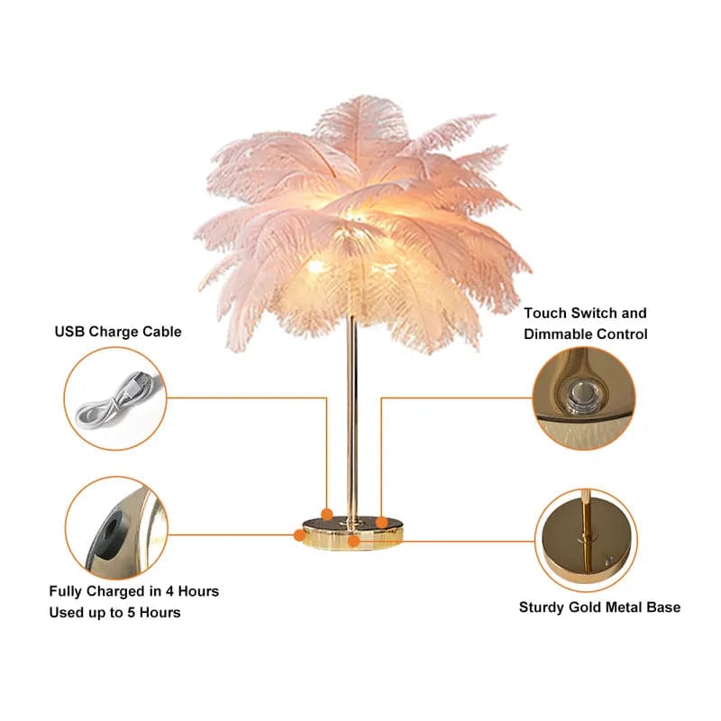 Modern Gold Portable Table Lamp with White Feather, USB Charging & Dimmable