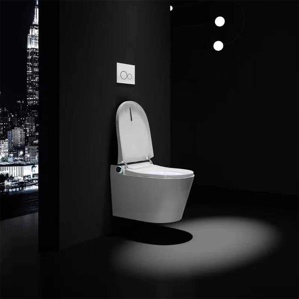 Toilettes intelligentes allongées monobloc à fixation murale avec réservoir et système de support encastrés