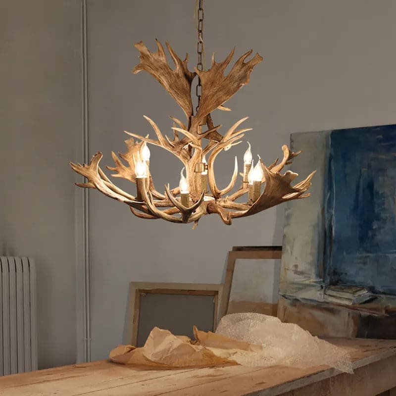 Antler Lustre rustique en bois de cerf en cascade de 43 po de large, 8 bougies