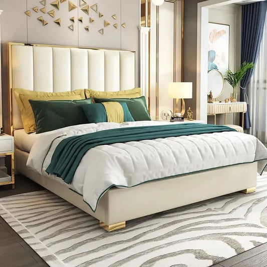 Leather Upholstered Bed White Platform Bed with Headboard, Cal King