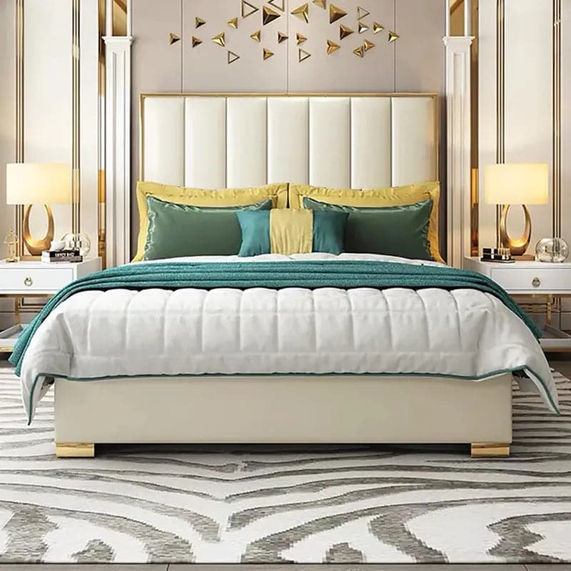 Leather Upholstered Bed White Platform Bed with Headboard, Cal King