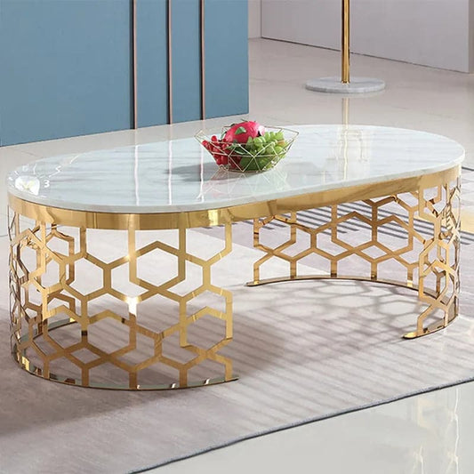 Glam Oval Coffee Table Marble Top with Stainless Steel Frame
