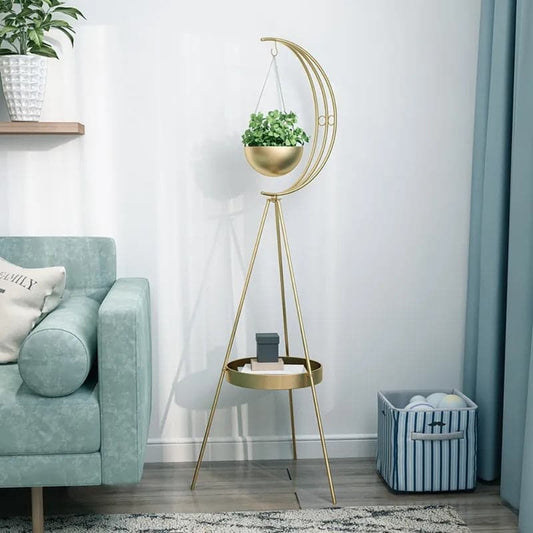 Support pour plantes demi-lune avec étagère en table de bout moderne dorée