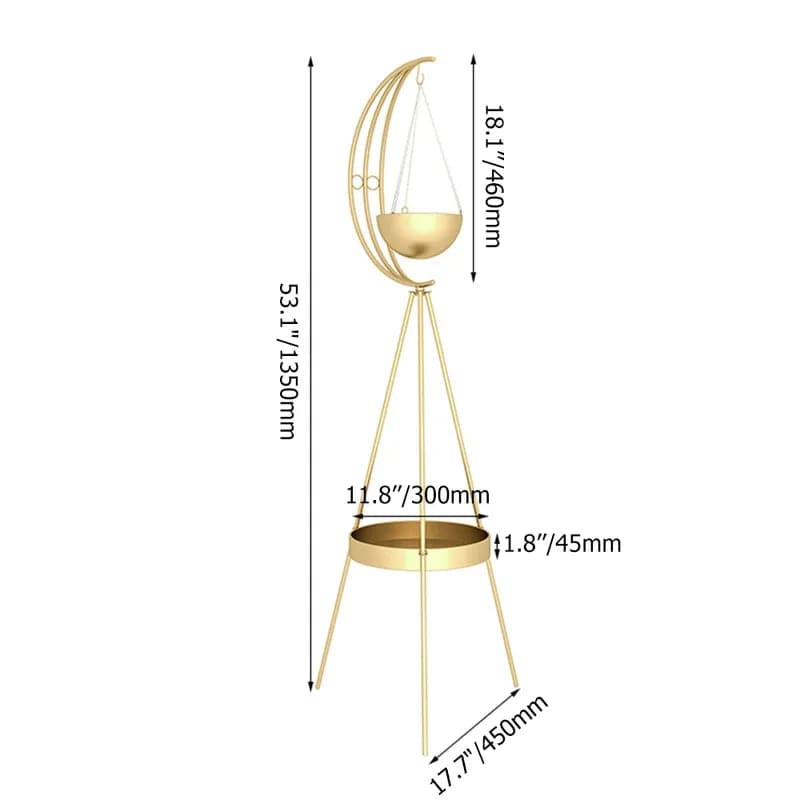 Support pour plantes demi-lune avec étagère en table de bout moderne dorée