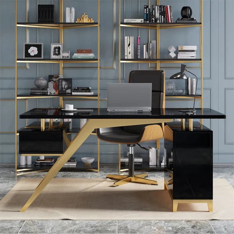 Hungled Ultra Modern White and Gold Computer Writing Desk with Storage & Drawer#Black-S