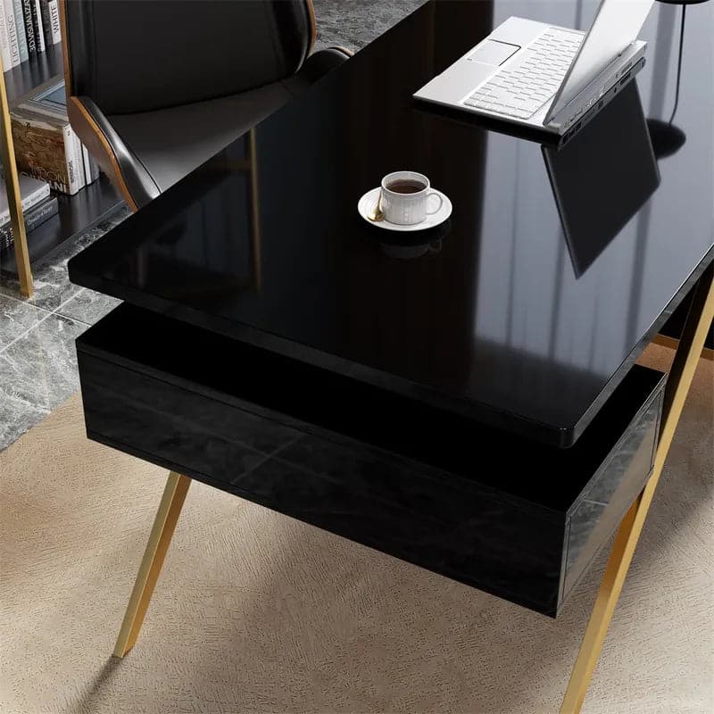 Hungled Ultra Modern White and Gold Computer Writing Desk with Storage & Drawer#Black-S