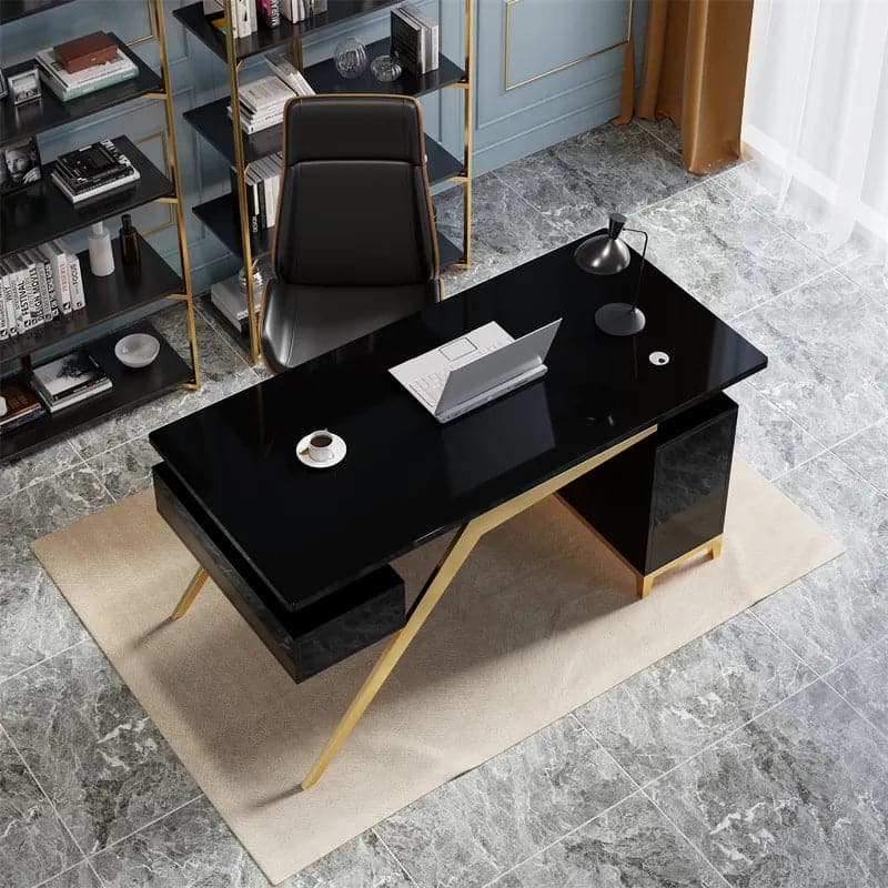 Hungled Ultra Modern White and Gold Computer Writing Desk with Storage & Drawer#Black-S