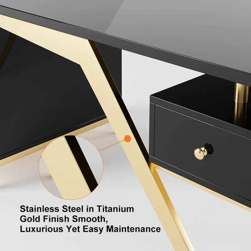 Hungled Ultra Modern White and Gold Computer Writing Desk with Storage & Drawer#Black-S