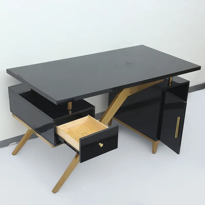 Hungled Ultra Modern White and Gold Computer Writing Desk with Storage & Drawer#Black-S