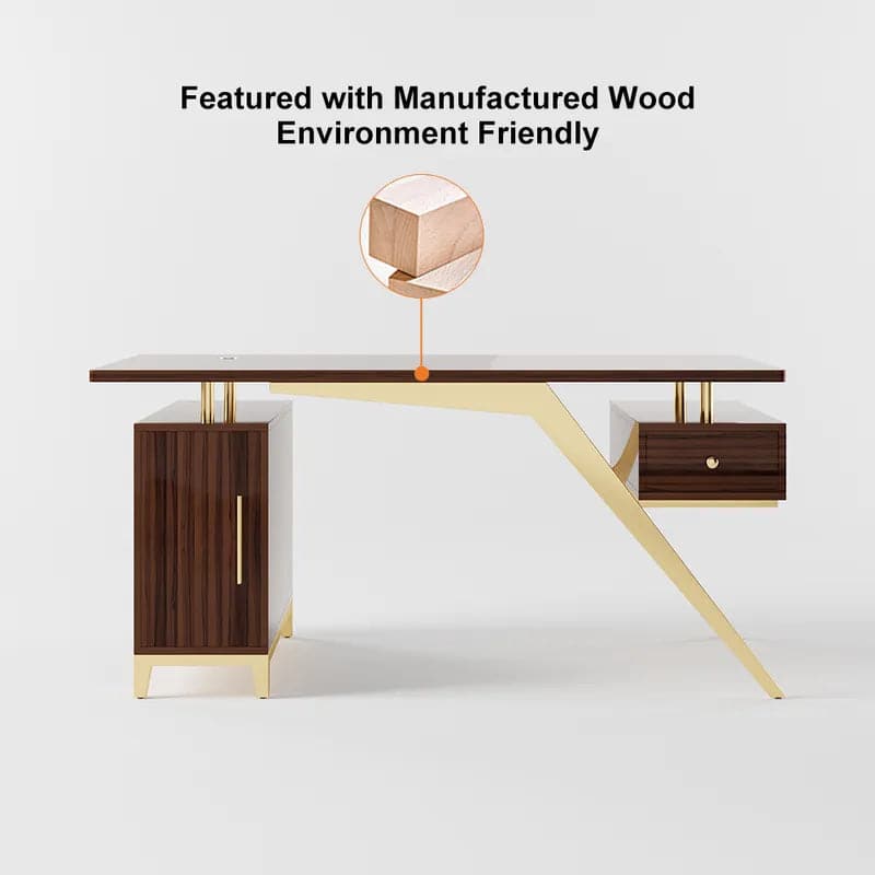 Hungled Ultra Modern White and Gold Computer Writing Desk with Storage & Drawer#Sandalwood-S