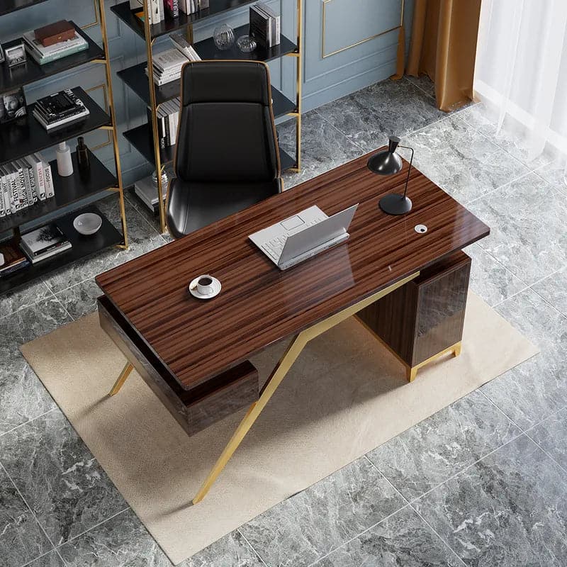 Hungled Ultra Modern White and Gold Computer Writing Desk with Storage & Drawer#Sandalwood-S