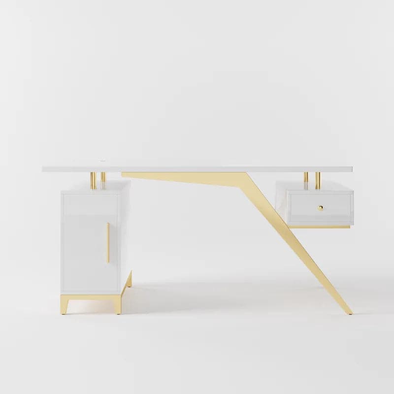 Hungled Ultra Modern White and Gold Computer Writing Desk with Storage & Drawer#White-S