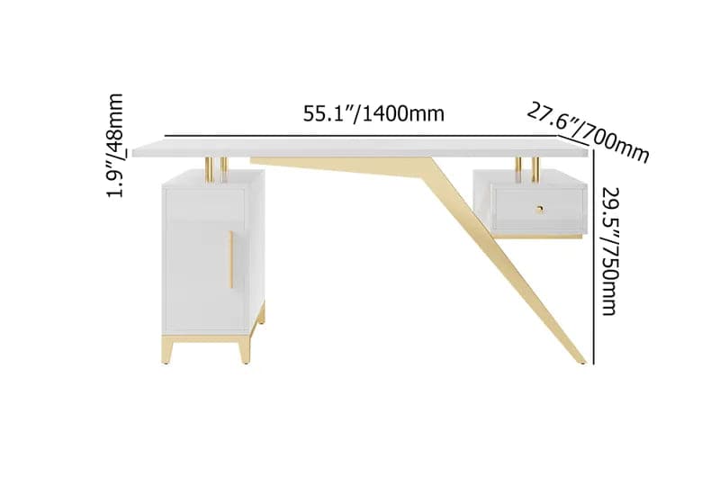 Hungled Ultra Modern White and Gold Computer Writing Desk with Storage & Drawer#White-S