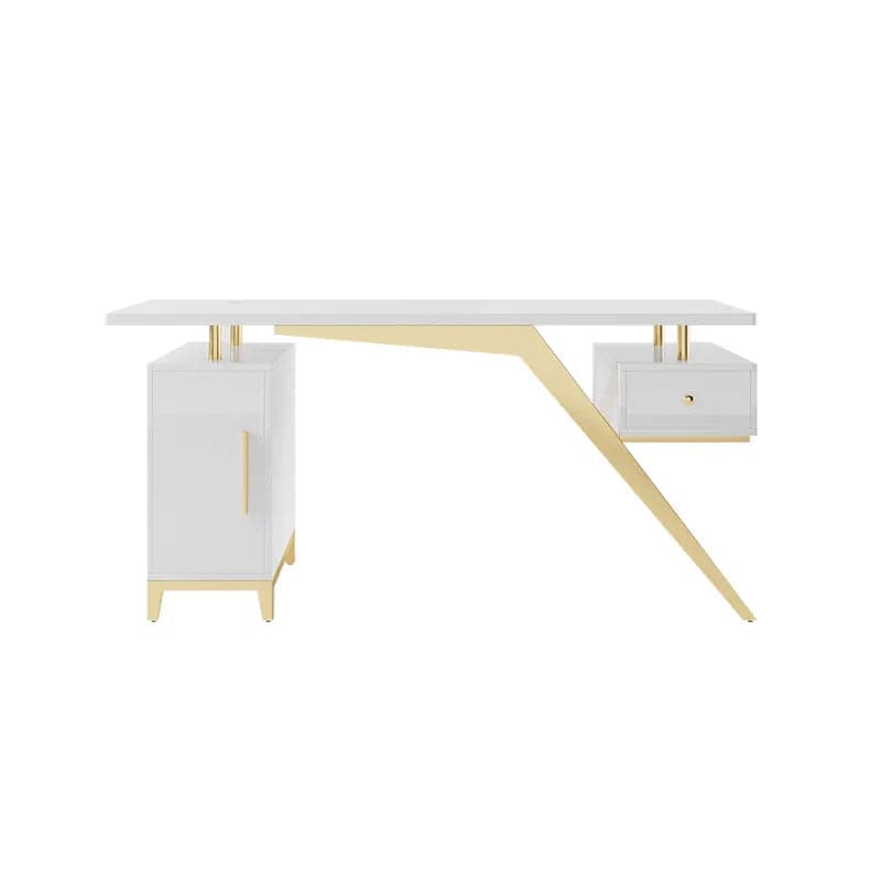 Hungled Ultra Modern White and Gold Computer Writing Desk with Storage & Drawer#White-S