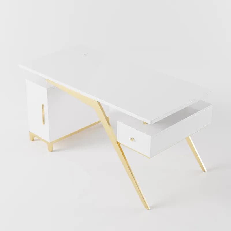 Hungled 55 Ultra Modern White and Gold Computer Writing Desk with Storage  & Drawer