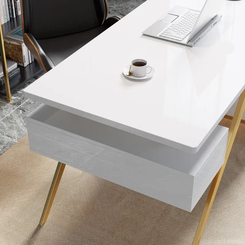 Hungled Ultra Modern White and Gold Computer Writing Desk with Storage & Drawer#White-S