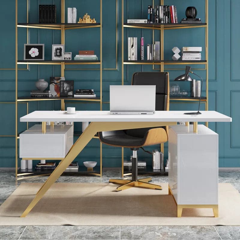 Hungled Ultra Modern White and Gold Computer Writing Desk with Storage & Drawer#White-S