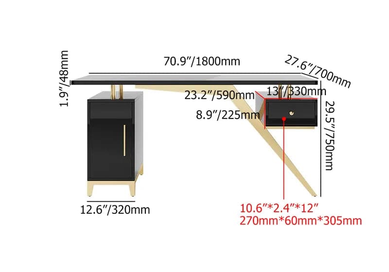 Hungled Ultra Modern White and Gold Computer Writing Desk with Storage & Drawer#Black-M