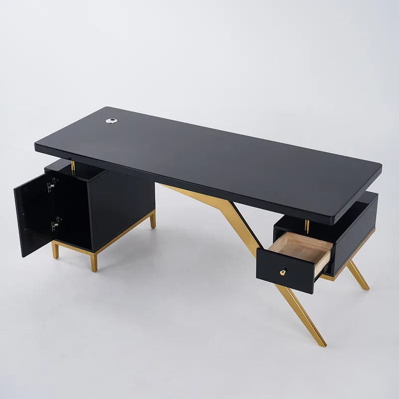 Hungled Ultra Modern White and Gold Computer Writing Desk with Storage & Drawer#Black-M