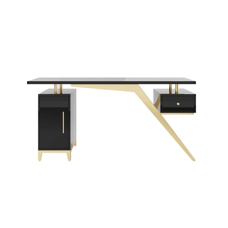 Hungled Ultra Modern White and Gold Computer Writing Desk with Storage & Drawer#Black-M