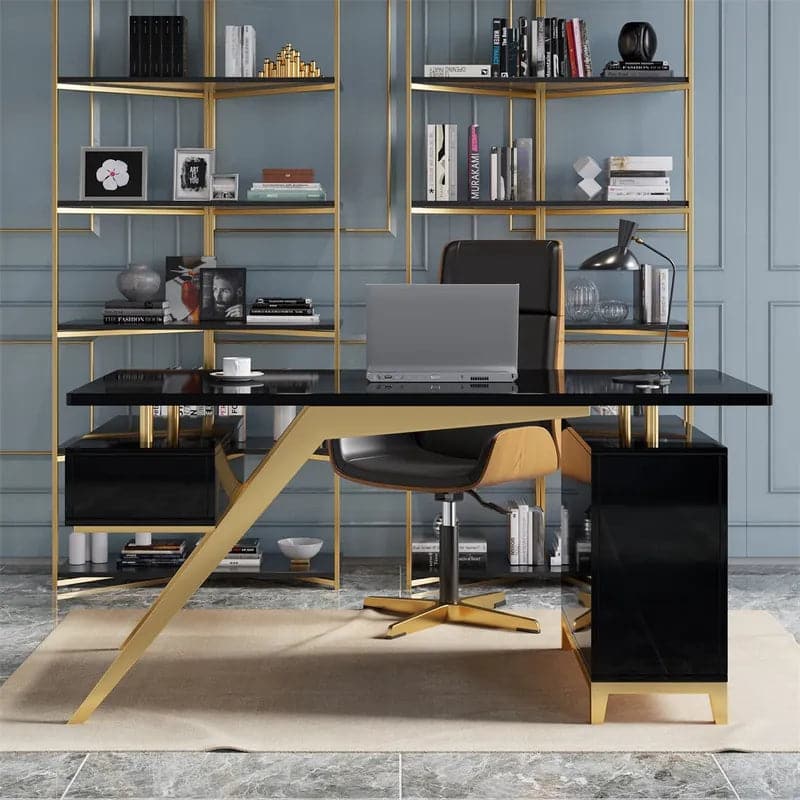 Hungled Ultra Modern White and Gold Computer Writing Desk with Storage & Drawer#Black-M