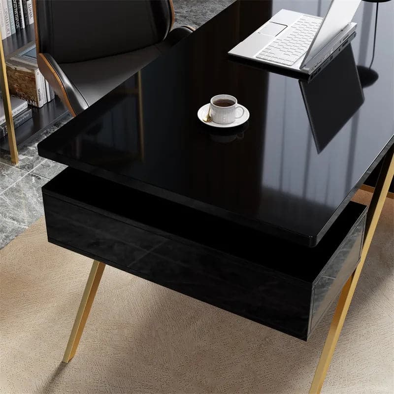 Hungled Ultra Modern White and Gold Computer Writing Desk with Storage & Drawer#Black-M