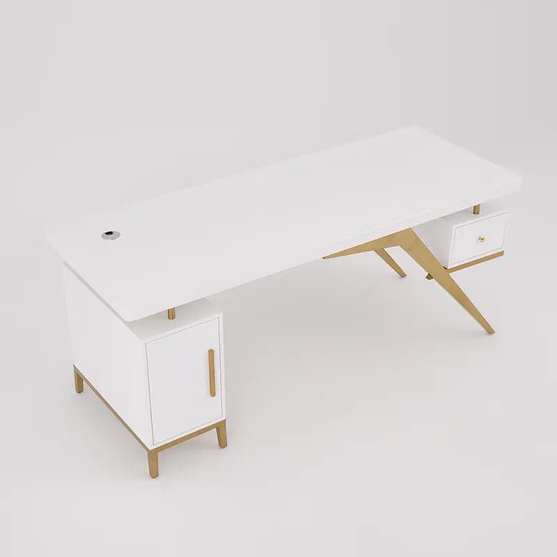 Hungled Ultra Modern White and Gold Computer Writing Desk with Storage & Drawer#White-M