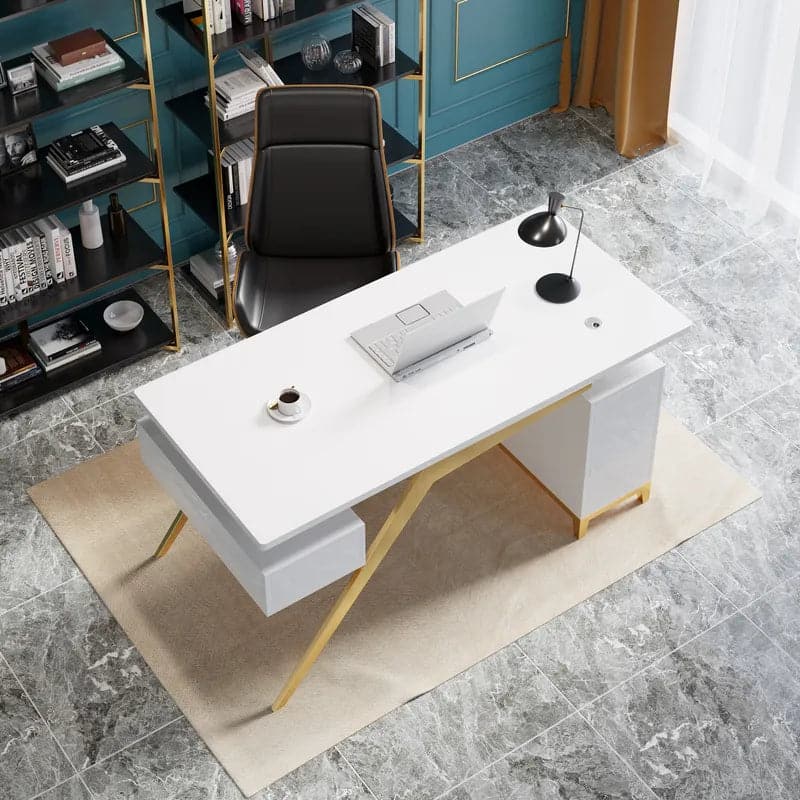 Hungled Ultra Modern White and Gold Computer Writing Desk with Storage & Drawer#White-M