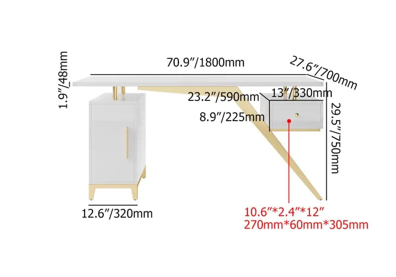 Hungled Ultra Modern White and Gold Computer Writing Desk with Storage & Drawer#White-M