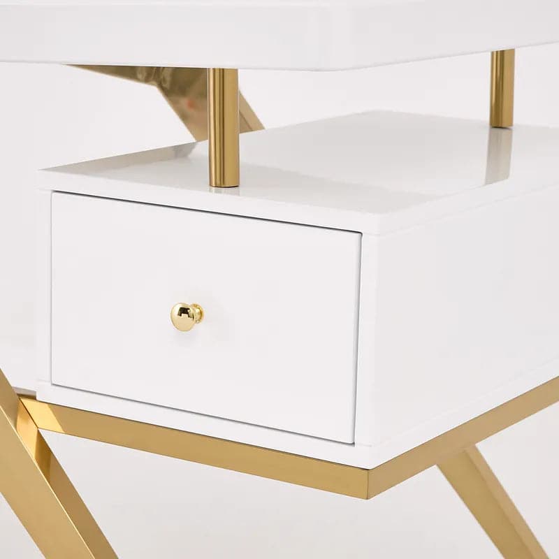 Hungled Ultra Modern White and Gold Computer Writing Desk with Storage & Drawer#White-M