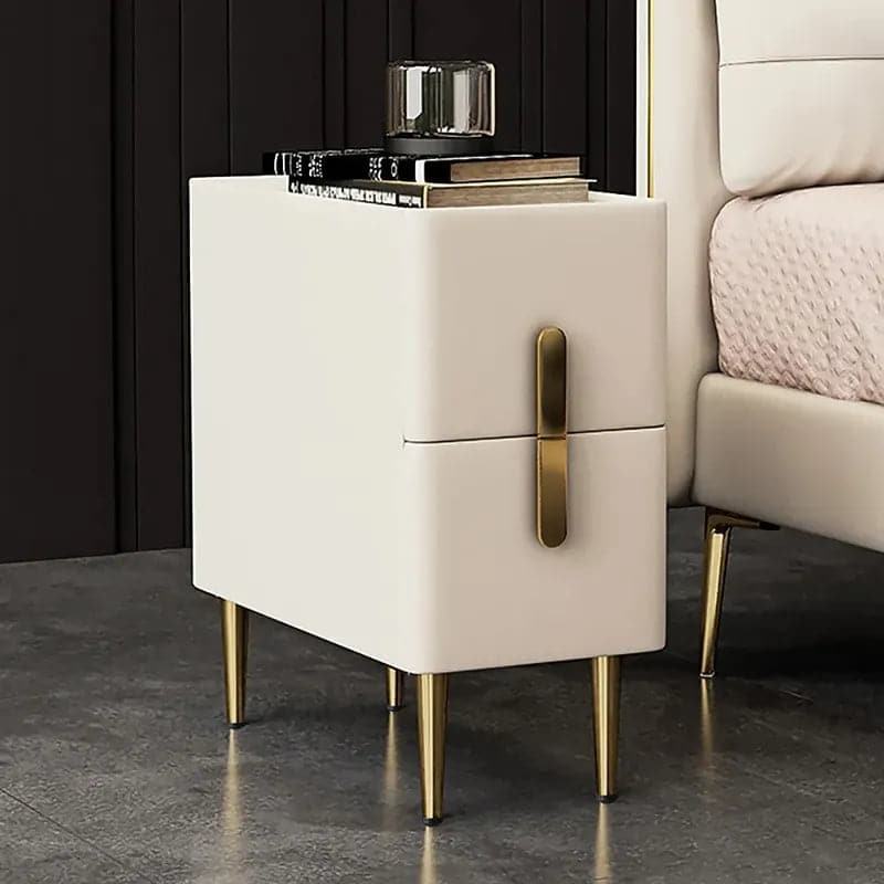 Table de chevet beige avec 2 tiroirs et pieds dorés, minimaliste