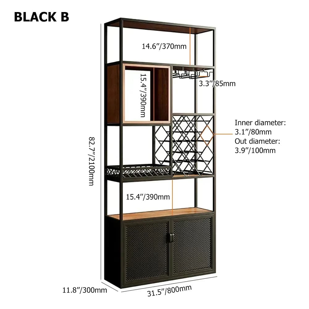 Industrial Tall Black Bar Wine Rack Cabinet with Glass Holder Wood Home Bar Cabinet#B